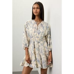 SANDRO Off White Floral Lace Up Neck Tie Mini Josella Dress Size Small